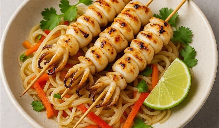 Brochetas de chipirones con noodles de arroz, jengibre y soja suave