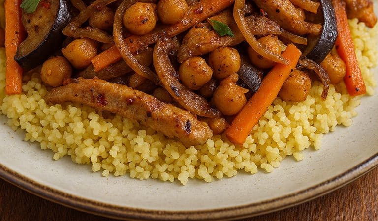 Cuscús profano con garbanzos, lomo especiado y verduras al ras el hanout