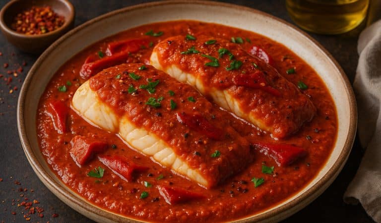 Merluza en salsa de piquillos y tomate asado con toque ahumado