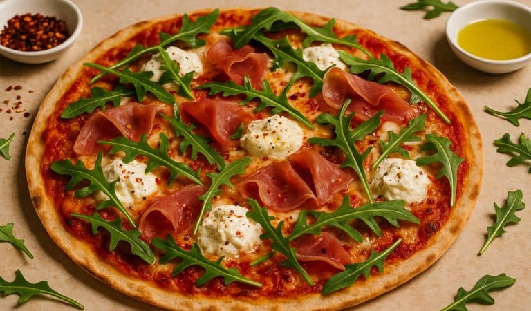 Pizza de piadina con ricotta, jamón serrano, rúcula y toque picante