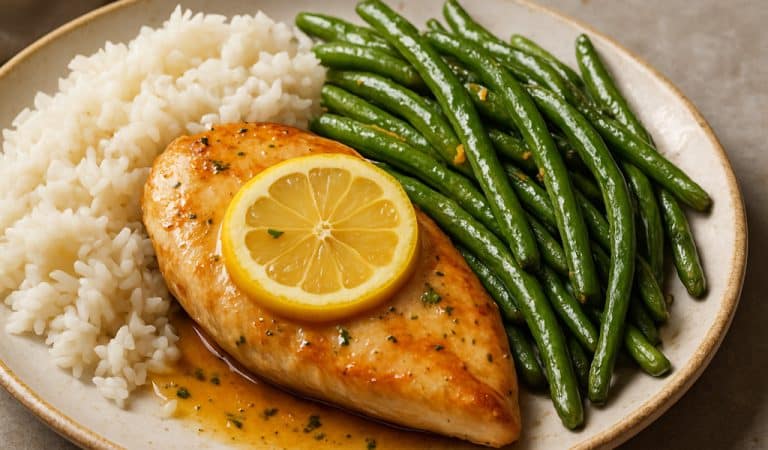Pollo al limón con arroz y judías verdes salteadas