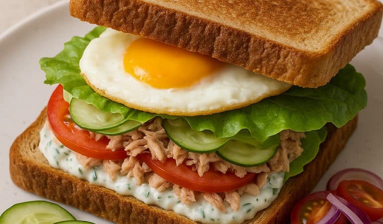 Sándwich mediterráneo con tzatziki ligero y pepino laminado