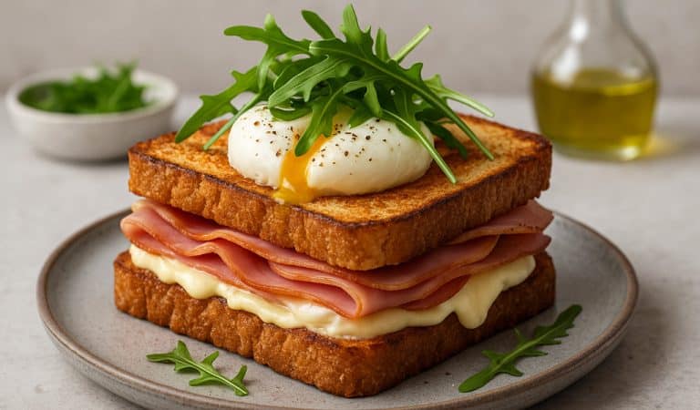 Sándwich mixto con huevo poché, crema de queso y rúcula